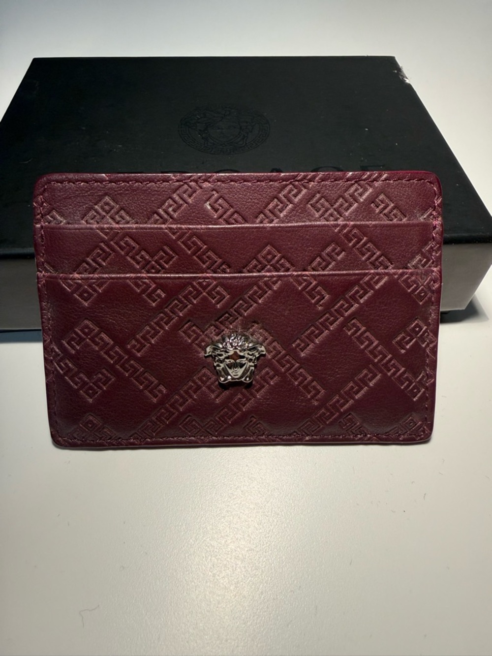 Versace Burgundy Embossed Leather Card Holder with Medusa Medallion